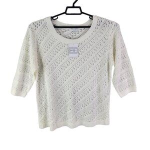Womens Ivory White Emily Daniels Open-Knit Sweater 3/4 Sleeve Round Neck Size XL